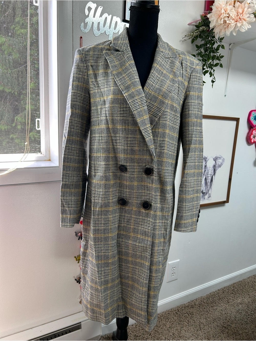 Zara Double-Breasted Plaid Coat in Grey with Yellow - medium